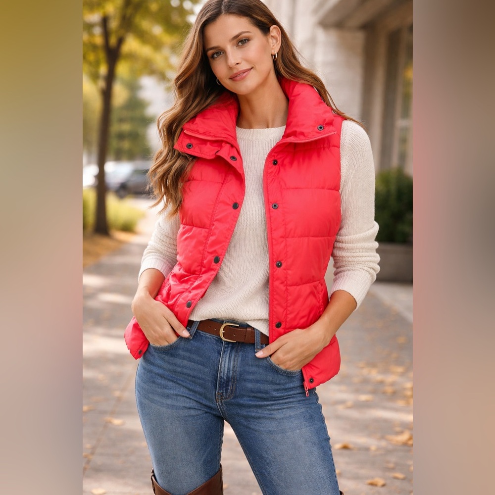 Old Navy Puffer Vest Women’s Medium Coral Pink Quilted Zip Snap Fleece Lined